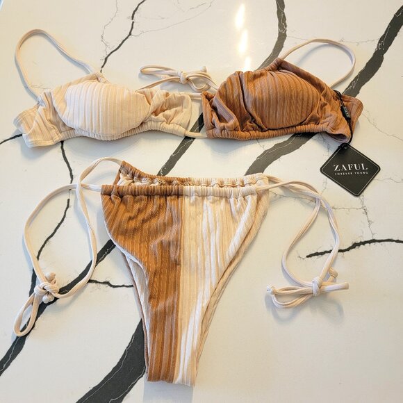 Zaful two tone string bikini size L 8 Cream and tan NWT - Picture 1 of 6